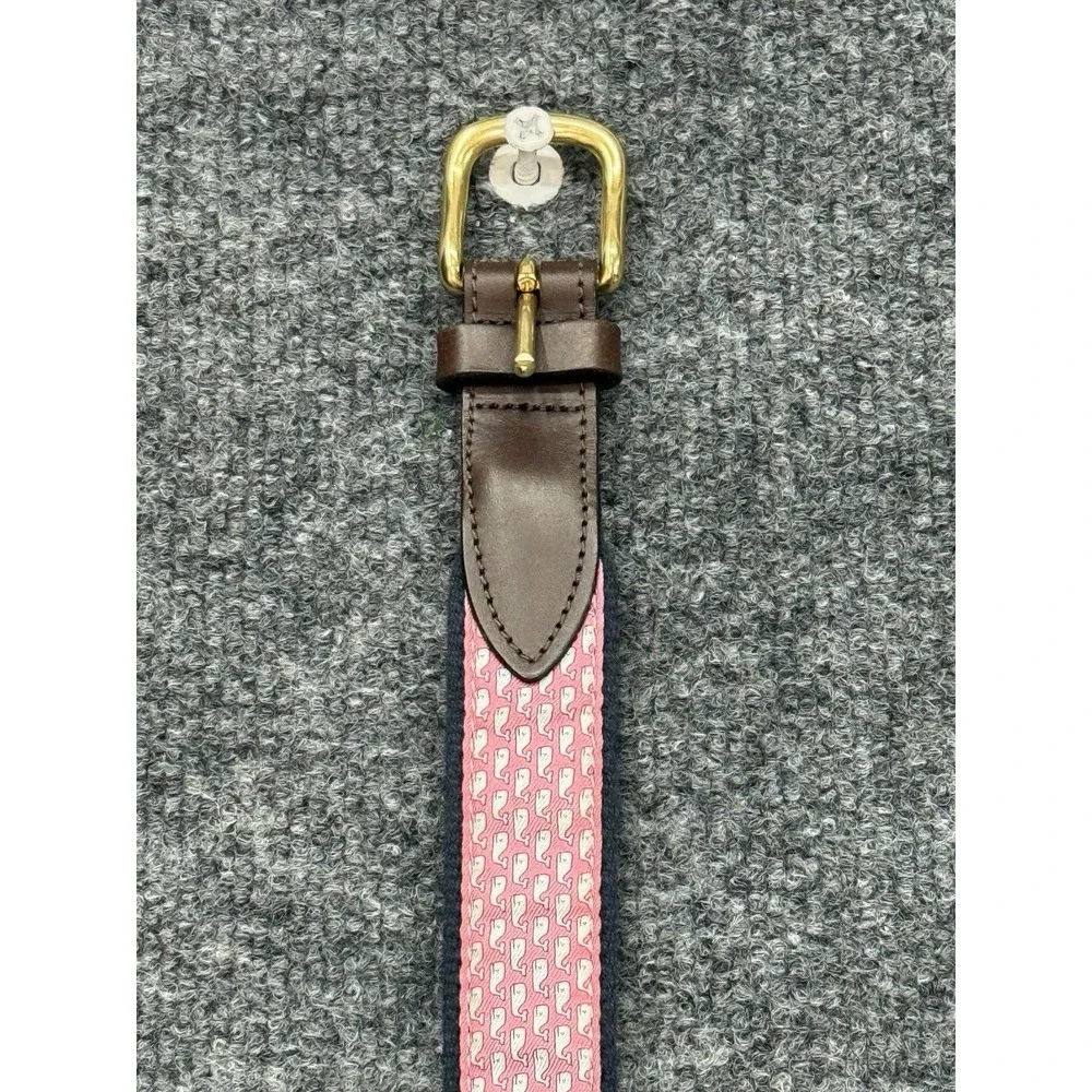 Vineyard Vines Kids Pink Whale Logo Canvas Leather Club Belt Navy Brown Size 24
